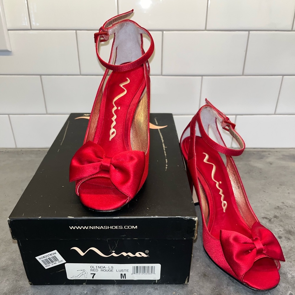 Nina Red Glossy Peep-Toe Heels